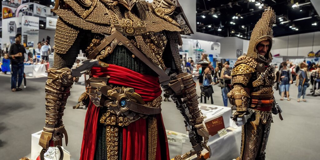 wide shot lens photo of a very intricately detailed and epically shaped 2. 5 meter tall assassin creed lego statue designed by a master builder as displayed at a lego convention, low angle shot. 