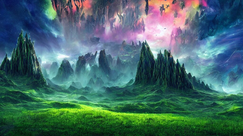 an alien landscape view, alien sky, star in the sky, alien waterfall, alien grass, weird alien trees, alien mountains, epic composition, colorful, 4 k, detailed, realistic 