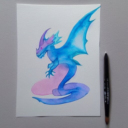 mystical pastel dragon, minimalist watercolor on white paper, cute