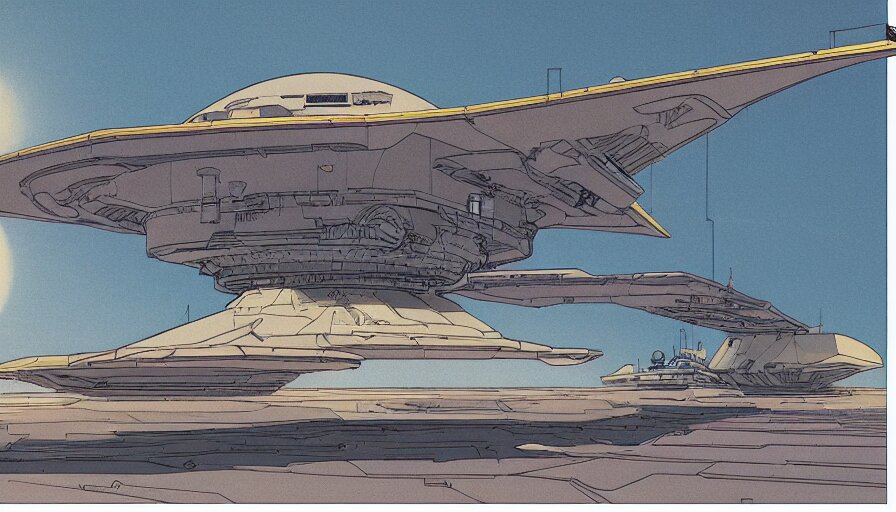 flat color illustration of futuristic spacecraft by moebius and sparth, 