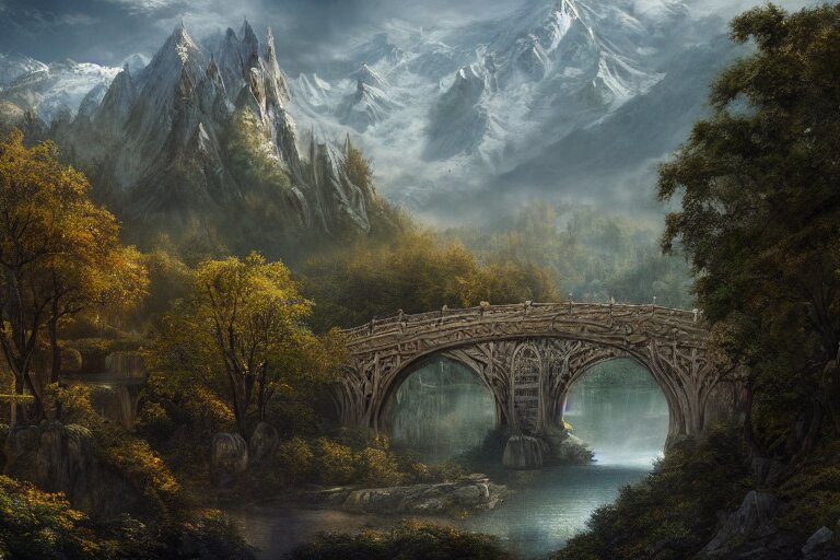 rivendell from lord of the rings matte painting by yanick dusseault and dylan cole, artstation, 4 k, insanely detailed, 