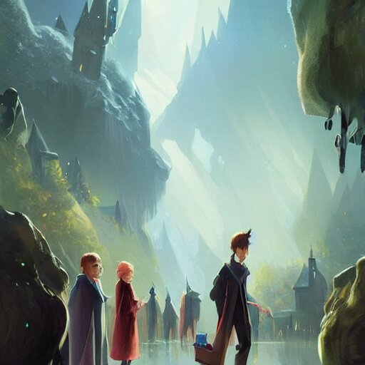 a wholesome animation key shot of harry potter students, fantasy, colorful, pixar and disney animation, sharp, very detailed, high resolution, key art by greg rutkowski, bloom, dramatic lighting 