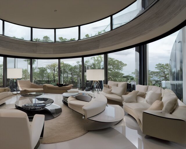 A futuristic living room with floor to ceiling glass windows on the left and curved wooden stairs going upstairs on the right, two white sofas with a white marble table in the center of the living room, stairs to the second floor, in a large glass dome, 8k resolution, professional interior design photograph, wide angle photograph