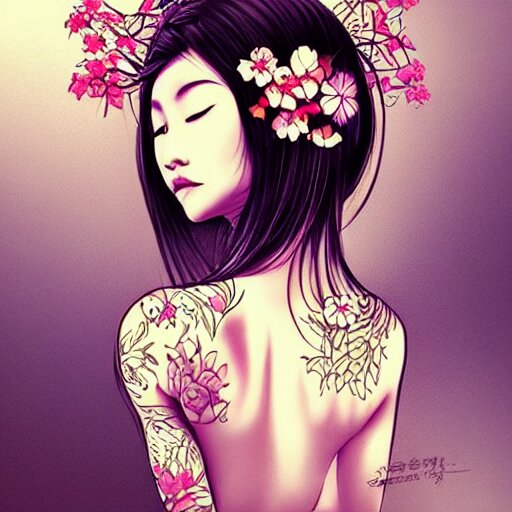 tattoo design, stencil, traditional, beautiful portrait of a Asian girl with flowers in her hair, upper body, by artgerm, artgerm, digital art, cat girl, sexy