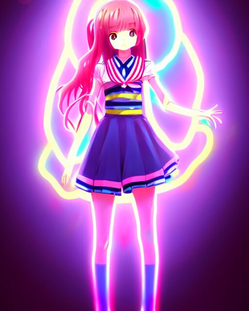 anime style, vivid, expressive, full body, 4 k, painting, a cute magical girl with a long wavy hair wearing a sailor outfit, correct proportions, stunning, realistic light and shadow effects, neon lights, studio ghibly makoto shinkai yuji yamaguchi 