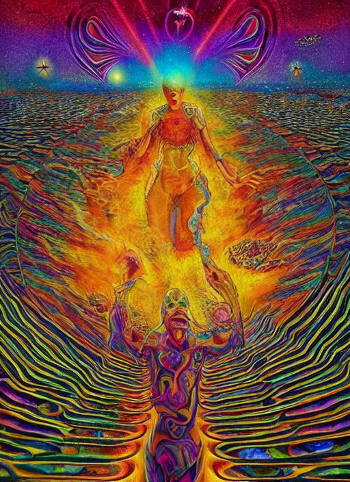 incredible ultra dimensional psychedelic experience time, while tripping on dmt, energy waves, trippy melting eyes, overwhelming psychosis of self - realization and burning awakening, masterpiece composition, by barclay shaw, louis dyer, pablo amaringo 