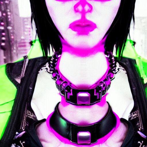 detailed realistic cyberpunk female character cyberpunk wearing large steel collar around neck, realistic, art, beautiful, 4K, collar, choker, collar around neck, punk, artstation, detailed, female, woman, choker, cyberpunk, neon, punk, collar, choker, collar around neck, thick collar, choker around neck, wearing choker, wearing collar, bright neon punk hair,