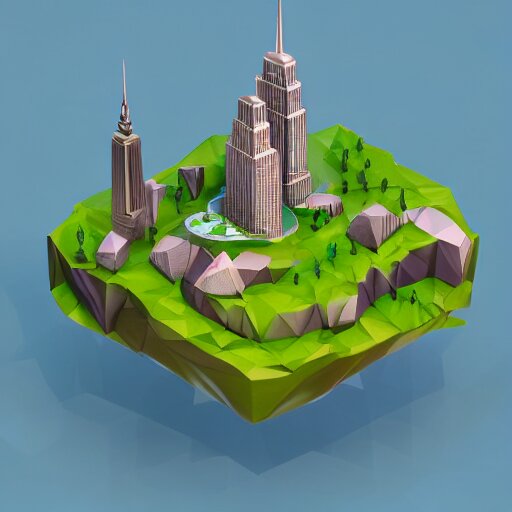 low poly art of new york as an island floating in the sky, low poly, isometric art, 3d render, waterfall, high detail, artstation, concept art, behance, ray tracing, smooth, sharp focus, ethereal lighting