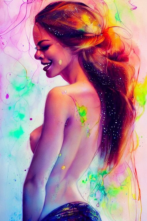 sexy lacivious little smile sophia vergara by agnes cecile enki bilal moebius, intricated details, 3 / 4 back view, hair styled in a bun, bend over posture, full body portrait, extremely luminous bright design, pastel colours, drips, autumn lights 