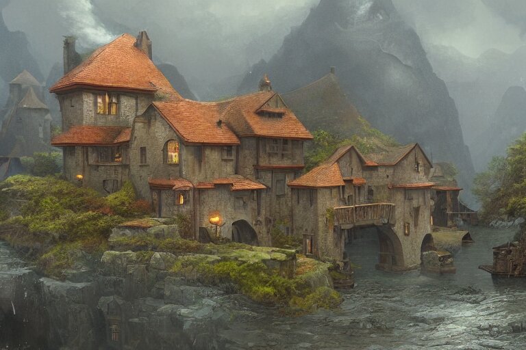 a typical european house with a slate roof, submerged under the water of the acean, school of fishes, scenic view, matte painting by christophe vacher and hubert robert, trending on artstation 