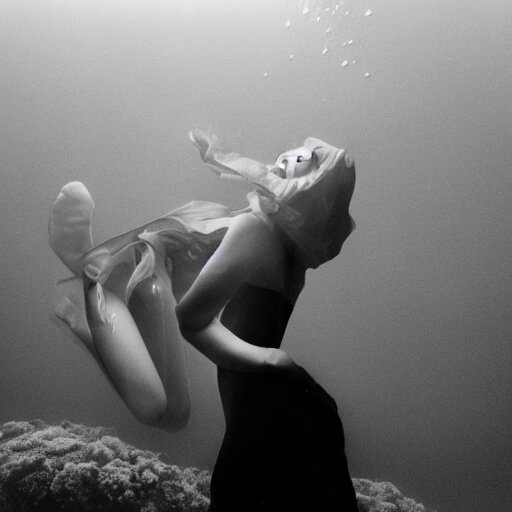 medium format photograph of a surreal fashion shoot underwater 