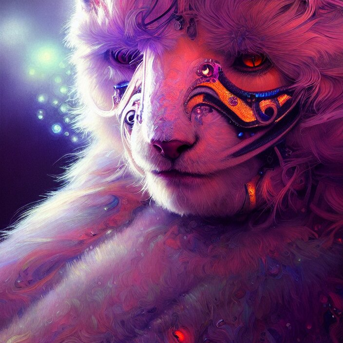 psychedelic fluffy furry animal cyborg, diffuse lighting, fantasy, intricate, elegant, highly detailed, lifelike, photorealistic, digital painting, artstation, illustration, concept art, smooth, sharp focus, art by John Collier and Albert Aublet and Krenz Cushart and Artem Demura and Alphonse Mucha