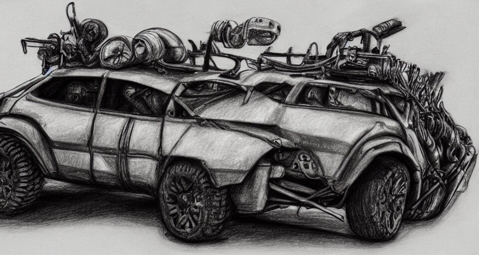 graphite drawing of a stylized cartoony fury road car 