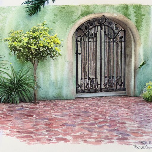 delicate, garden, paved, botanic watercolors, iridescent, 8 k, realistic shaded, fine details, artstation, italian, chairs, iron gate, pine maritime, mediterranean 