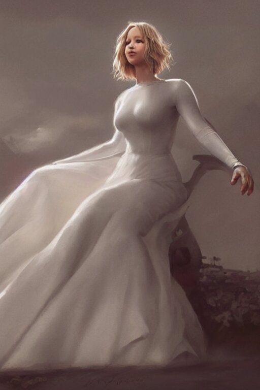 Jennifer Lawrence as Queen wearing a White Dress, anatomy, only two hands, highly detailed, digital painting, artstation, concept art, smooth, sharp focus, illustration, Unreal Engine 5, 8K, art by art by artgerm and greg rutkowski and edgar maxence