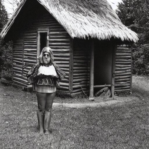 A vintage photo of a witches hut with a witch standing on the Porch, 70s, vintage, old