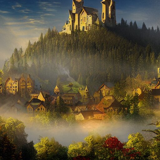 magical academy on a mountain, town below, mist, mystical, happy, sunshine, realistic, by bagshaw, tom 