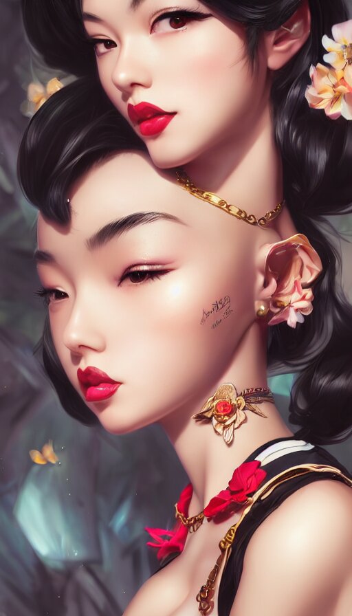 a pin up and beautiful fashion and charming and dreamlke asian girl with lv jewelry, medium shot, art by artgerm & ross tran & wlop, hyperdetailed, 8 k realistic, symmetrical, frostbite 3 engine, cryengine, dof, trending on artstation, digital art 