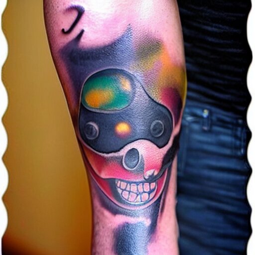 arm tattoo of a 3 d hole in the skin with multicolored robotic mechanics inside under the skin, insanely integrate, 3 d 