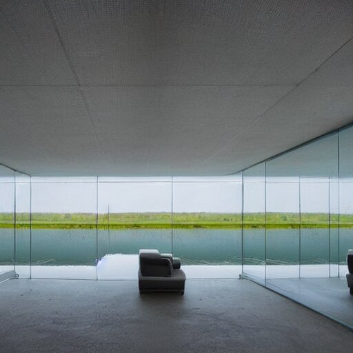 upholstered sofas fluorescent ceiling lighting rectangular water pond in a large minimalistic concrete rectangular room with no windows, a tilt shift photo by leandro erlich, featured on cg society, kitsch movement, hall of mirrors, high dynamic range, studio portrait 