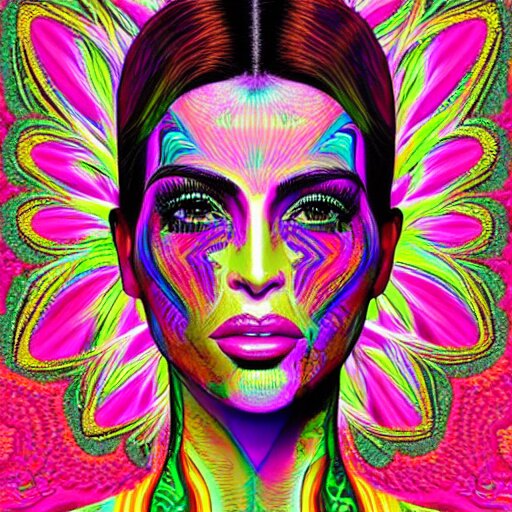 an extremely psychedelic portrait of kim kardashian, surreal, lsd, face, detailed, intricate, elegant, lithe, highly detailed, digital oth, sharp focus, illustration, 