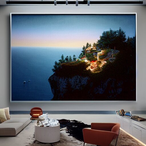 realistic extremely detailed photo real portrait painting of a mid-century modern house on cliff, in moon light, elegant, moody vibrant colors, herman miller, octane render, 4k