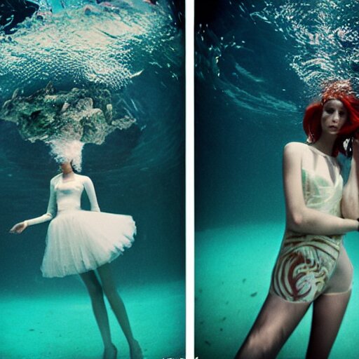 fisheye medium format photograph of a surreal fashion shoot underwater 