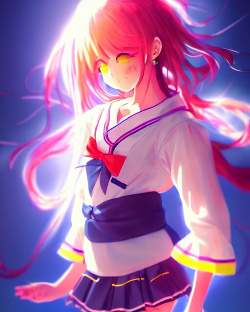 anime style, vivid, expressive, full body, 4 k, painting, a cute magical girl with a long wavy hair wearing a sailor outfit, correct proportions, stunning, realistic light and shadow effects, neon lights, studio ghibly makoto shinkai yuji yamaguchi 