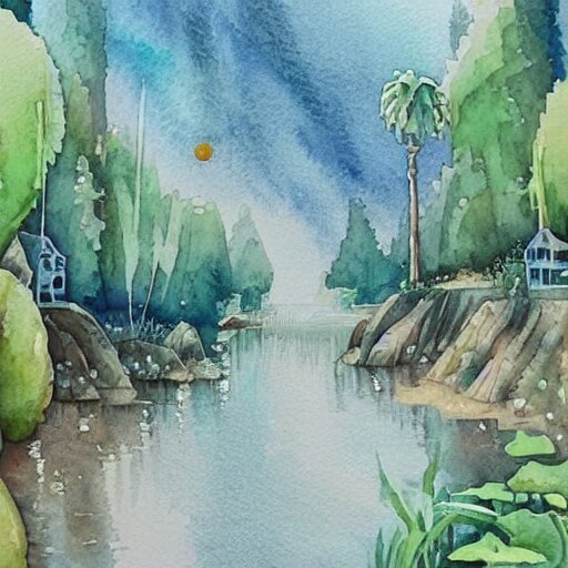 Beautiful happy picturesque charming sci-fi town in harmony with nature. Beautiful light. Water and plants. Nice colour scheme, soft warm colour. Beautiful detailed artistic watercolor by Olivia. (2022)