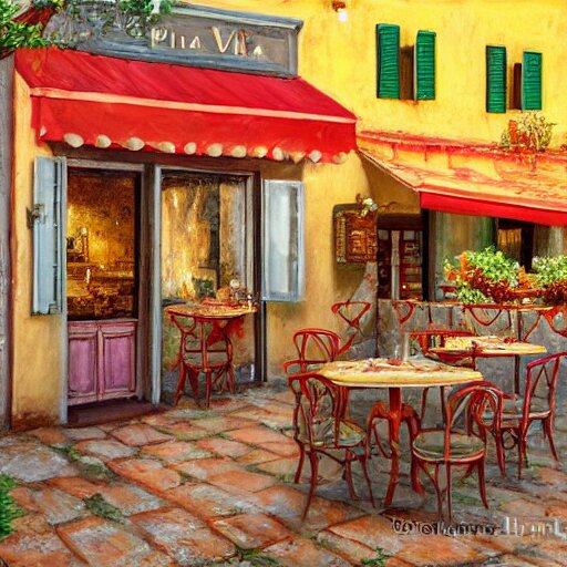 a traditional pizzeria in the street of a small village on the riviera. a terrace in the shade of a hundred - year - old olive tree, a friendly atmosphere around pizzas and rose wine. dolce vita. unreal engine rendering, hyper realist, ultra detailed, oil painting, warm colors, happy, impressionism, da vinci, 4 k, 