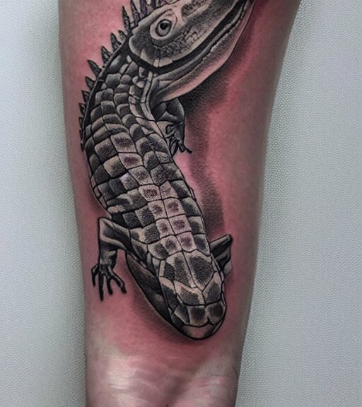 A realistic tattoo design of a giant lizard in the desert on white paper, realism tattoo design, highly detailed tattoo, shaded tattoo, hyper realistic tattoo