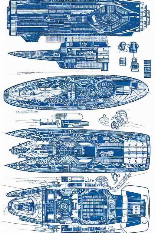 intricately detailed blueprint of a cruiser class spaceship by Jen Bartel and Dan Mumford and Satoshi Kon