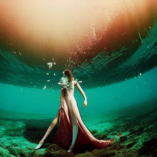 fisheye medium format photograph of a surreal fashion shoot underwater 