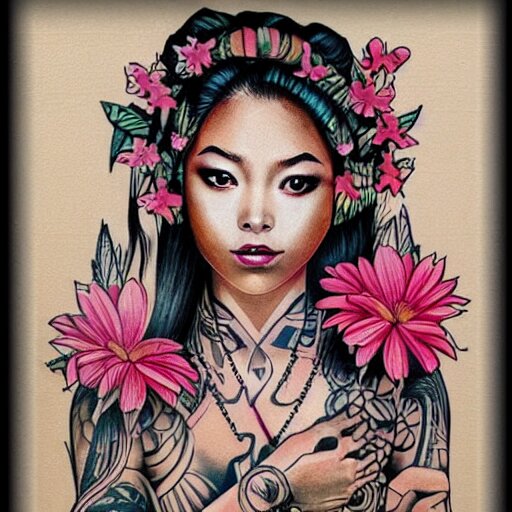 tattoo design, stencil, stencil on paper, tattoo stencil, traditional, beautiful portrait of a traditional Hawaiian girl with flowers in her hair, upper body, by artgerm, artgerm, artgerm, digital art, cat girl, anime eyes, anime, sexy, super model-s 100