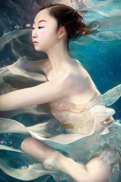 stunningly beautiful, asian prima ballerina at the bottom of the great barrier reef, smooth, focus, highly detailed, hyper realistic, dramatic lighting, intricate, concept art, art by wlop, mars ravelo 