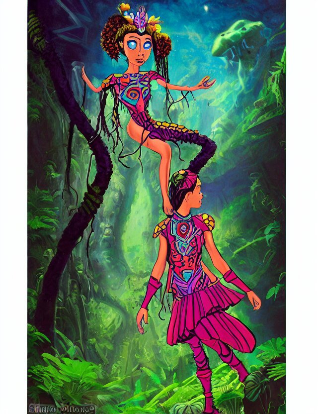 aztec scifi princess of the fungus rainforest, wearing a lovely dress. this oil painting by the beloved children's comic artist has an interesting color scheme and impeccable lighting. 