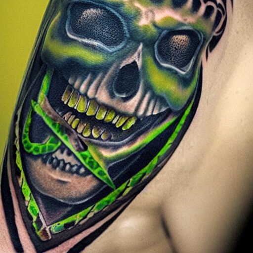 dark tattoo, snake wrapping its body around skull, toxic acid green dark colors