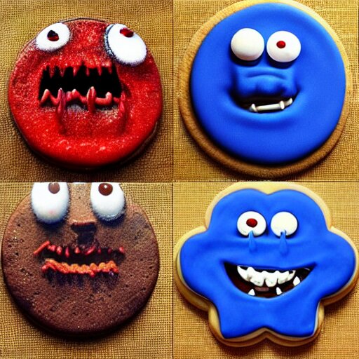 demonic cookie monster, evil, portrait, scary, creepy. detailed. realistic. 