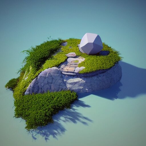 a floating island on an aquatic environment isometric art, lago de sorapis landscape, low poly art, game art, artstation, 3D render, high detail, cgsociety, octane render