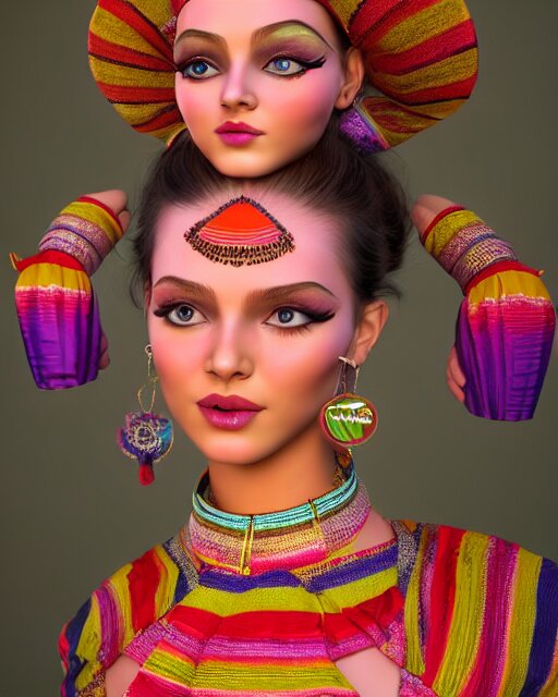 a beautiful cute girl wearing modern stylish costume in the style of Assamese bihu mekhela sador gamosa design, commercial fashion design art by Victor Nizovtsev and Josephine Wall, face by artgerm and daz3d genesis iray, cinematic lighting, medium shot, mid-shot, slim female figure ramp walk model pose, highly detailed, trending on Artstation, Unreal Engine 4k, cinema 4d ray traced 8k fabric texture details, octane render, diffused natural skin glow