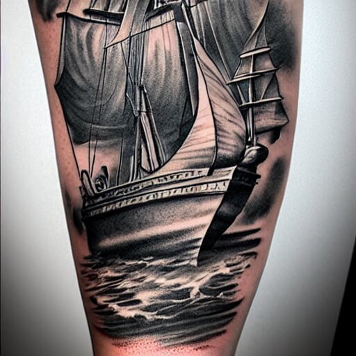 A pirate ship tattoo design in the style of Dmitriy Samohin, hyper realistic tattoo