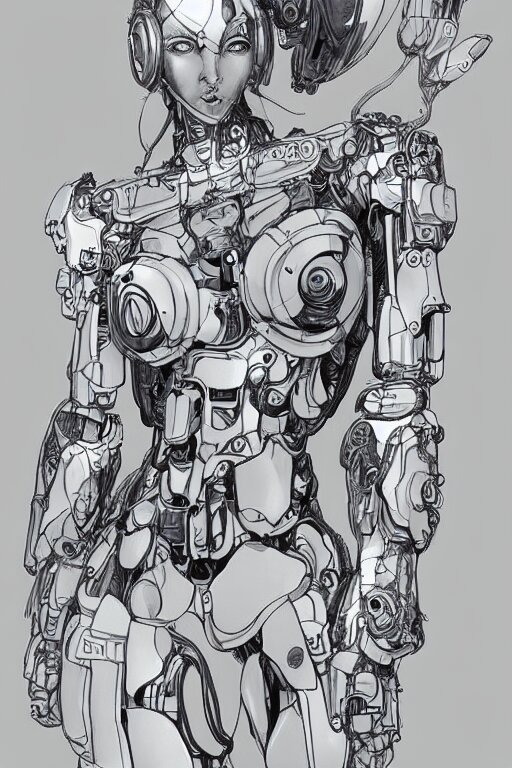 full body illustration female cyborg, highly detailed, sumi - e art, suiboku - ga ink, by kim jisu, pen and ink monochrome, mecha, deviantart, artstation, pinterest 