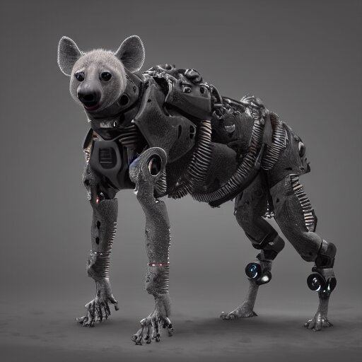 pet robot hyena, cyborg with exposed wires and metal, lights, camera lenses for eyes, realistic high quality concept art 