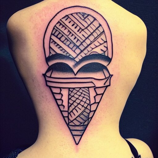 A photograph of a tattoo of a holy ice cream cone, in a circle of glyphs, on the back of a woman's shaved head