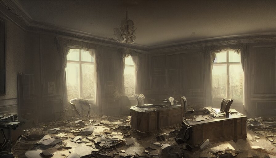 abandoned dusty oval office with lights through broken windows, hyperdetailed, artstation, cgsociety, 8 k 