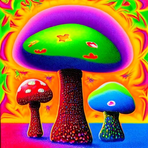 a colorful fractal 3 d mushroom in a psychedelic world, peace and love, by peter max and mark ryden 