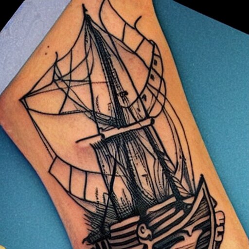 A pirate ship tattoo design in the design of Dmitriy Samohin