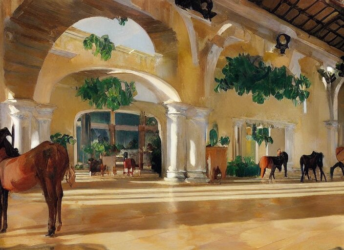 main hall with horse statues, green and brown decorations by studio ghibli painting, by joaquin sorolla rhads leyendecke 