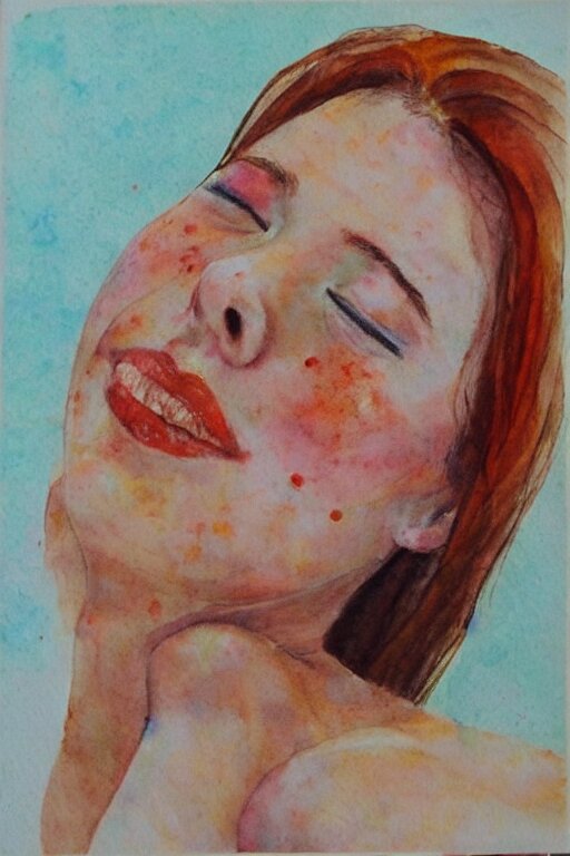 portrait of a young beautiful auburn woman, closing her eyes, smiling, aquarelle, realistic painting, freckles, 1 / 4 headshot 