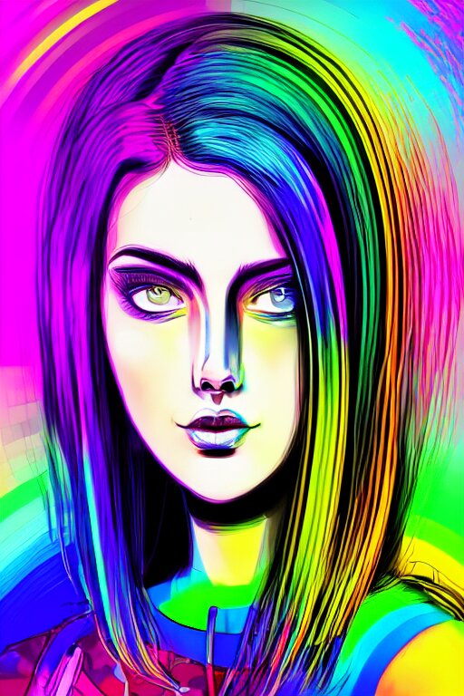 a award winning half body portrait of a beautiful woman with stunning eyes in a croptop and cargo pants with rainbow colored hair, routlined by whirling illuminated neon lines, fine rainbow colored lines swirling in circles, outrun, vaporware, shaded flat illustration, halftone, digital art, trending on artstation, highly detailed, fine detail, intricate 